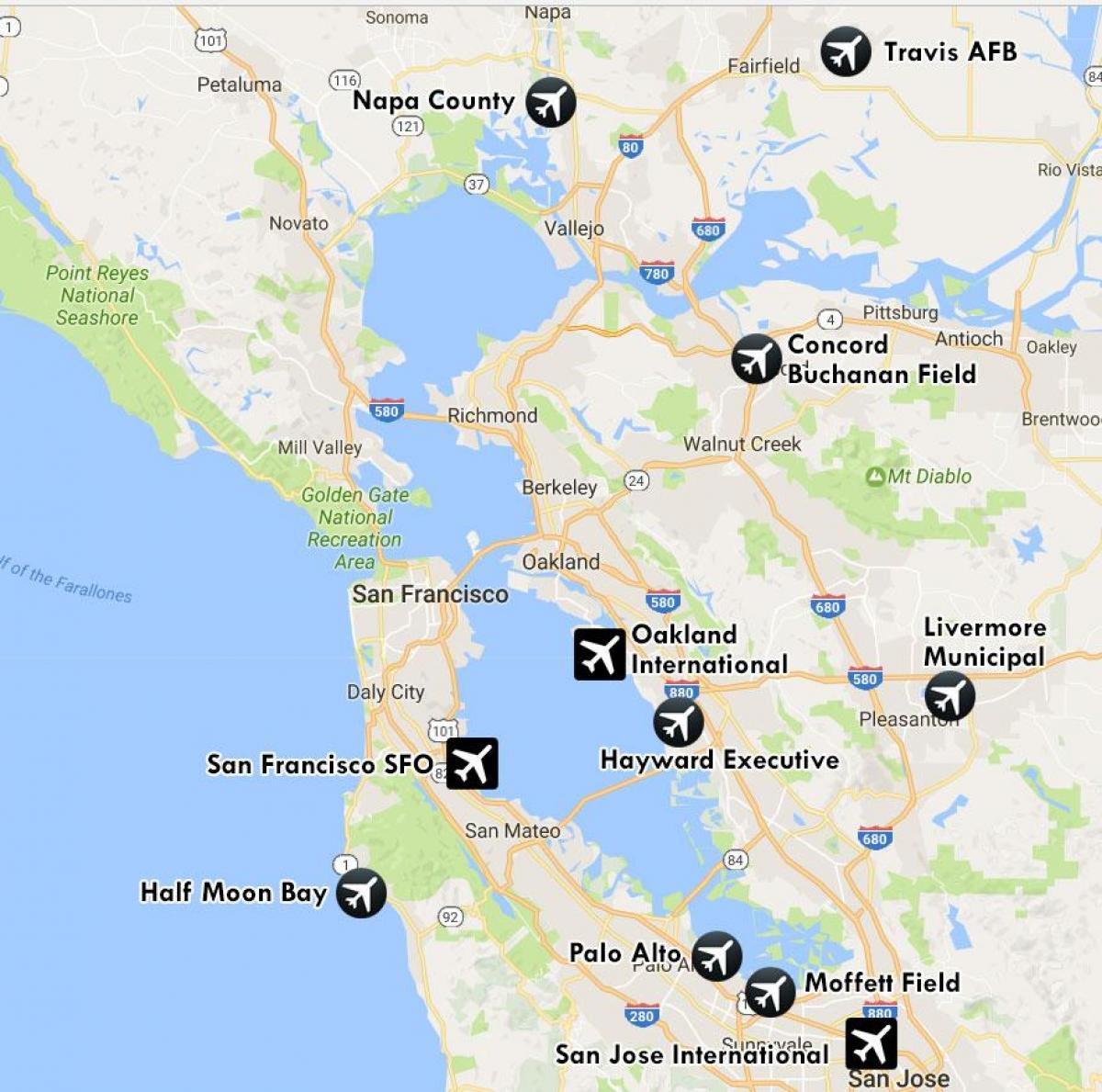 flygplatser nära San Francisco karta