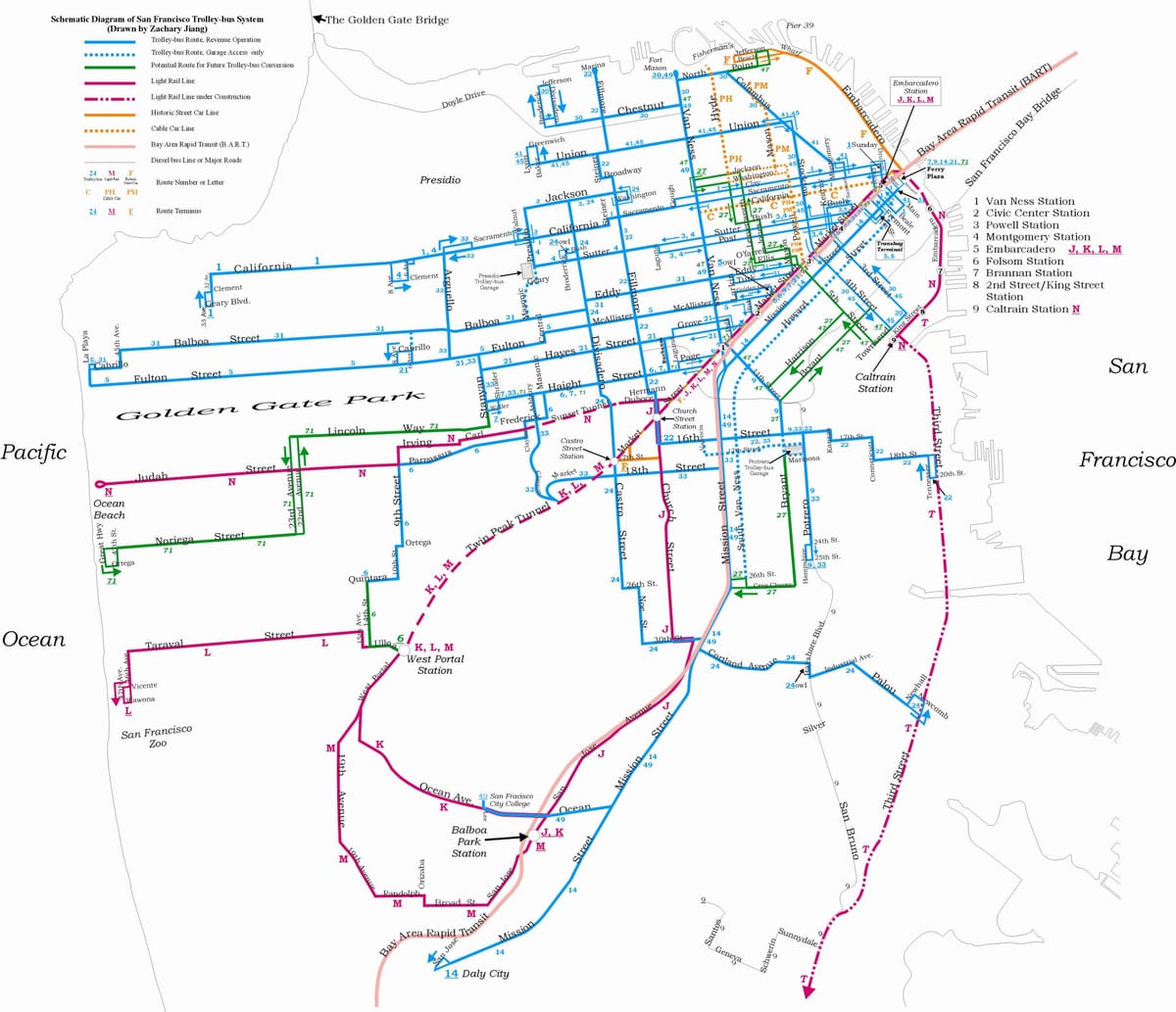Karta över San Francisco trådbuss
